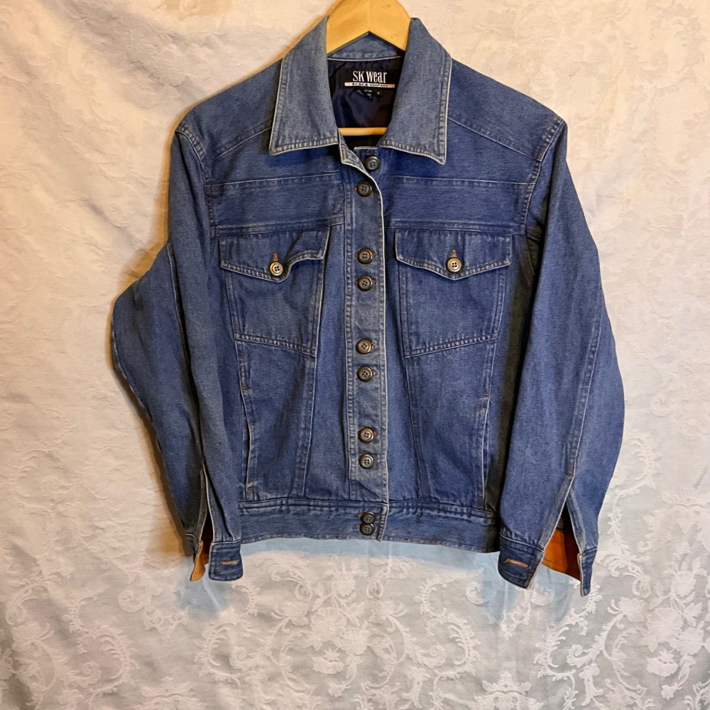 Vintage 80's SK Wear Denim Jean Jacket Womens Blue Button Orange Lined Classic